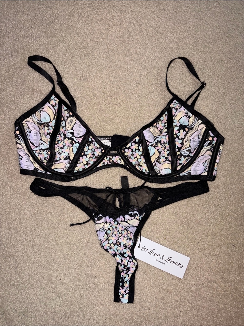 For Love & Lemons Victoria’s Secret Floral Lace / Black Mesh Bra and Thong M/L